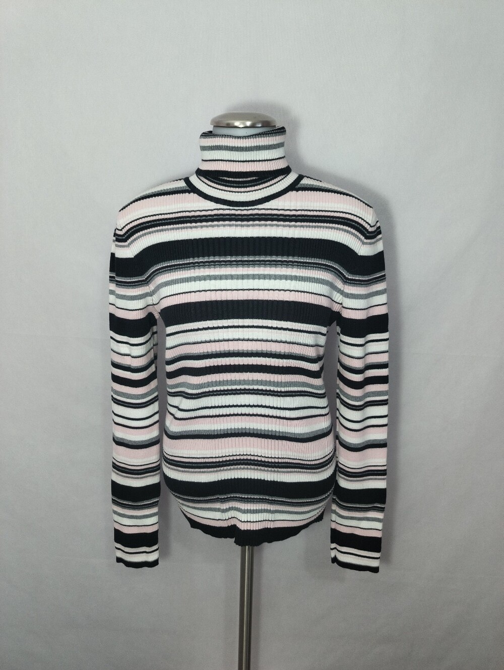 Jones New York Striped Turtleneck Sweater in Black, White & Pink